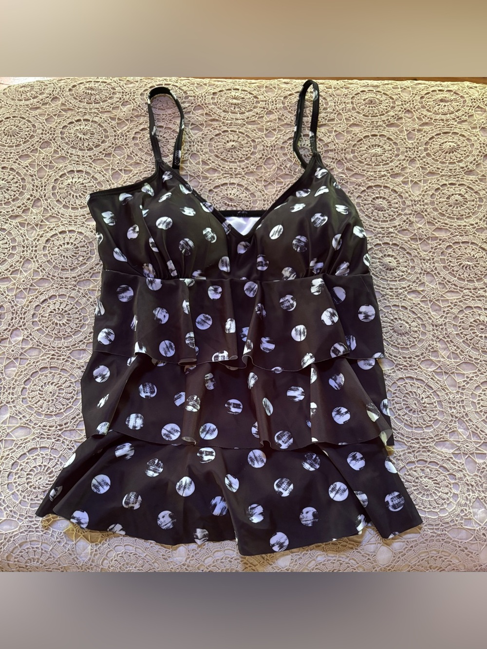 Simply Fit Tankini Swim Top Distress Polka Dot Print Sz M Ruffles Fully Lined